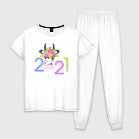 Женская пижама хлопок с принтом 2021 в Белгороде, 100% хлопок | брюки и футболка прямого кроя, без карманов, на брюках мягкая резинка на поясе и по низу штанин | 2021 | бык | год быка | год коровы | новый год | символ года