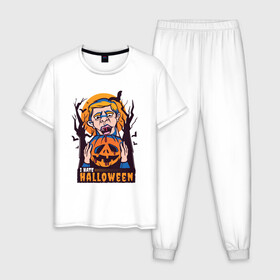 Мужская пижама хлопок с принтом I hate halloween в Белгороде, 100% хлопок | брюки и футболка прямого кроя, без карманов, на брюках мягкая резинка на поясе и по низу штанин
 | Тематика изображения на принте: bat | bats | clerc | human | killer | pumpkin | vampire | zombie | вампир | вурдалак | зомби | интроверт | кладбище | клерк | летучие мыши | мерч | не наш праздник | ненавижу | ненависть | тыква | тыквенная голова | убил | хеллоуи