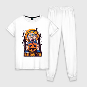 Женская пижама хлопок с принтом I hate halloween в Белгороде, 100% хлопок | брюки и футболка прямого кроя, без карманов, на брюках мягкая резинка на поясе и по низу штанин | Тематика изображения на принте: bat | bats | clerc | human | killer | pumpkin | vampire | zombie | вампир | вурдалак | зомби | интроверт | кладбище | клерк | летучие мыши | мерч | не наш праздник | ненавижу | ненависть | тыква | тыквенная голова | убил | хеллоуи