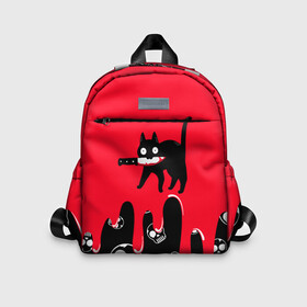 Детский рюкзак 3D с принтом WHAT CAT в Белгороде, 100% полиэстер | лямки с регулируемой длиной, сверху петелька, чтобы рюкзак можно было повесить на вешалку. Основное отделение закрывается на молнию, как и внешний карман. Внутри дополнительный карман. По бокам два дополнительных кармашка | Тематика изображения на принте: art | black | black cat | cat | dark | dark cat | halloween | what | what cat | what mem | арт | кот | кот арт | кот мем | мем | нож | праздник | прикол | прикольный кот | убица | хэллоуин | чёрный | чёрный кот | что | что мем