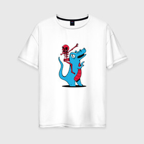 Женская футболка хлопок Oversize с принтом Скелет верхом на динозавре в Белгороде, 100% хлопок | свободный крой, круглый ворот, спущенный рукав, длина до линии бедер
 | art | blue | dab | dabbing | dino | dinosaur | halloween | red | skelet | skeleton | t rex | арт | даб | дэб | дэббинг | красный | на стиле | праздник | прикол | синий | стиль | танец | танцует | тираннозавр | тиранозавр | тирекс | тренд |