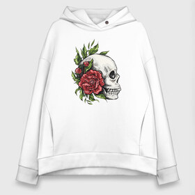 Женское худи Oversize хлопок с принтом Череп и Роза в Белгороде, френч-терри — 70% хлопок, 30% полиэстер. Мягкий теплый начес внутри —100% хлопок | боковые карманы, эластичные манжеты и нижняя кромка, капюшон на магнитной кнопке | art | bones | fashion | flowers | jolly roger | rose | roses | skeleton | skull | skulls | smile | smiling | арт | ваза | иллюстрация | кости | лепестки | листья | мода | рисунок | роза | розы | скелет | стиль | тренд | улыбающийся | улыбка | ч