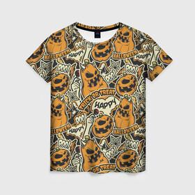 Женская футболка 3D с принтом Хэллоуин в Белгороде, 100% полиэфир ( синтетическое хлопкоподобное полотно) | прямой крой, круглый вырез горловины, длина до линии бедер | art | background | candy | halloween | pumpkin | star | texture | арт | звезда | конфеты | текстура | тыква | фон | хэллоуин | хэлуин