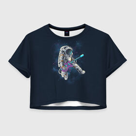 Женская футболка Crop-top 3D с принтом Космонавт с гитарой в Белгороде, 100% полиэстер | круглая горловина, длина футболки до линии талии, рукава с отворотами | арт | астронавт | гитара | гитарист | звезда | звёзды | космонавт | космос | ночь | рисунок | скафандр