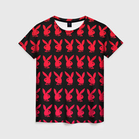 Женская футболка 3D с принтом playboy в Белгороде, 100% полиэфир ( синтетическое хлопкоподобное полотно) | прямой крой, круглый вырез горловины, длина до линии бедер | black | love | playboy | rabbit | red | красный | кролик. | любовь | плейбой | черный
