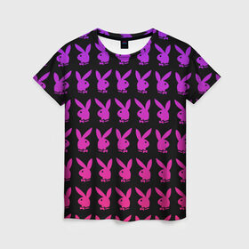 Женская футболка 3D с принтом playboy в Белгороде, 100% полиэфир ( синтетическое хлопкоподобное полотно) | прямой крой, круглый вырез горловины, длина до линии бедер | black | pink | playboy | violet | плейбой | розовый | фиолетовый. | черный