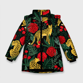 Зимняя куртка для девочек 3D с принтом Леопарды и цветы в Белгороде, ткань верха — 100% полиэстер; подклад — 100% полиэстер, утеплитель — 100% полиэстер. | длина ниже бедра, удлиненная спинка, воротник стойка и отстегивающийся капюшон. Есть боковые карманы с листочкой на кнопках, утяжки по низу изделия и внутренний карман на молнии. 

Предусмотрены светоотражающий принт на спинке, радужный светоотражающий элемент на пуллере молнии и на резинке для утяжки. | leopard | животные | звери | леопард | леопарды | листья | принт животных | принт с животными | природа | растения | роза | розы | тропики | хищники | цветок | цветы