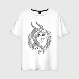 Женская футболка хлопок Oversize с принтом Козерог в Белгороде, 100% хлопок | свободный крой, круглый ворот, спущенный рукав, длина до линии бедер
 | гороскоп | графика | девушка | знаки зодиака | зодиак | козерог | чёрно белое | январь