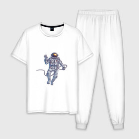 Мужская пижама хлопок с принтом Привет от космонавта в Белгороде, 100% хлопок | брюки и футболка прямого кроя, без карманов, на брюках мягкая резинка на поясе и по низу штанин
 | арт | астронавт | космонавт | космос | невесомость | передаёт привет | привет | рисунок | скафандр