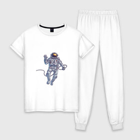 Женская пижама хлопок с принтом Привет от космонавта в Белгороде, 100% хлопок | брюки и футболка прямого кроя, без карманов, на брюках мягкая резинка на поясе и по низу штанин | арт | астронавт | космонавт | космос | невесомость | передаёт привет | привет | рисунок | скафандр