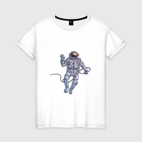 Женская футболка хлопок с принтом Привет от космонавта в Белгороде, 100% хлопок | прямой крой, круглый вырез горловины, длина до линии бедер, слегка спущенное плечо | арт | астронавт | космонавт | космос | невесомость | передаёт привет | привет | рисунок | скафандр