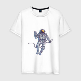 Мужская футболка хлопок с принтом Привет от космонавта в Белгороде, 100% хлопок | прямой крой, круглый вырез горловины, длина до линии бедер, слегка спущенное плечо. | арт | астронавт | космонавт | космос | невесомость | передаёт привет | привет | рисунок | скафандр