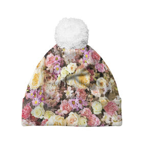 Шапка 3D c помпоном с принтом Цветочки в Белгороде, 100% полиэстер | универсальный размер, печать по всей поверхности изделия | розы | хризантемы. | цветочки | цветочная компазиция | цветы