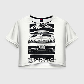 Женская футболка Crop-top 3D с принтом Skyline R 34 в Белгороде, 100% полиэстер | круглая горловина, длина футболки до линии талии, рукава с отворотами | car | need for speed | nissan | r 34 | skyline | автомобиль | гора | дрифт | ниссан | скайлайн | тачка | форсаж