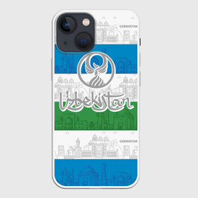 Чехол для iPhone 13 mini с принтом Узбекистан в Белгороде,  |  | architecture | city | crescent | eagle | flag | republic | silhouette | stars | uzbekistan | архитектура | город | звезды | орел | полумесяц | республика | силуэт | узбекистан | флаг