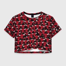 Женская футболка Crop-top 3D с принтом Быки Chicago Bulls в Белгороде, 100% полиэстер | круглая горловина, длина футболки до линии талии, рукава с отворотами | баскетбол | бык | корова | красный | нба | паттерн | рога | чикаго буллз
