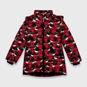 Зимняя куртка для девочек 3D с принтом Быки Chicago Bulls в Белгороде, ткань верха — 100% полиэстер; подклад — 100% полиэстер, утеплитель — 100% полиэстер. | длина ниже бедра, удлиненная спинка, воротник стойка и отстегивающийся капюшон. Есть боковые карманы с листочкой на кнопках, утяжки по низу изделия и внутренний карман на молнии. 

Предусмотрены светоотражающий принт на спинке, радужный светоотражающий элемент на пуллере молнии и на резинке для утяжки. | баскетбол | бык | корова | красный | нба | паттерн | рога | чикаго буллз