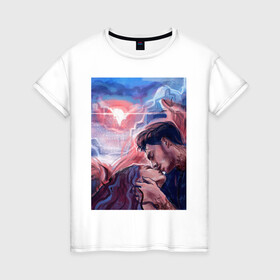 Женская футболка хлопок с принтом Клуб романтики в Белгороде, 100% хлопок | прямой крой, круглый вырез горловины, длина до линии бедер, слегка спущенное плечо | ангел | вики | демон | люцифер | облака | поцелуй