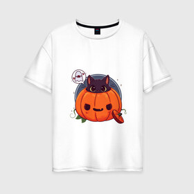 Женская футболка хлопок Oversize с принтом Киса в тыкве в Белгороде, 100% хлопок | свободный крой, круглый ворот, спущенный рукав, длина до линии бедер
 | cat | halloween | kitty | киса | кот | котик | кошка | тыква | хэллоуин