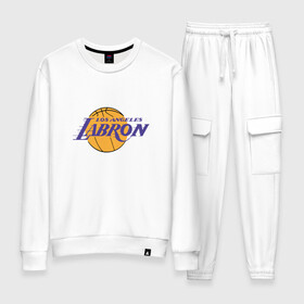 Женский костюм хлопок с принтом Lakers - James в Белгороде, 100% хлопок | на свитшоте круглая горловина, мягкая резинка по низу. Брюки заужены к низу, на них два вида карманов: два 
