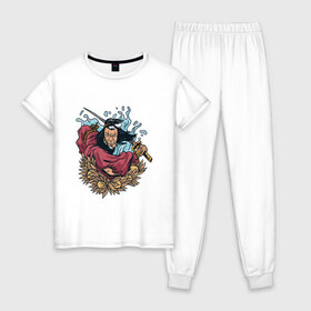Женская пижама хлопок с принтом Древний Самурай в Белгороде, 100% хлопок | брюки и футболка прямого кроя, без карманов, на брюках мягкая резинка на поясе и по низу штанин | 