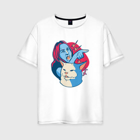 Женская футболка хлопок Oversize с принтом Женщина кричит на кота в Белгороде, 100% хлопок | свободный крой, круглый ворот, спущенный рукав, длина до линии бедер
 | cat | comics | comix | grumpy | kitty | meme | memes | peepo | pepo | point | screaming | yelling | злой | комикс | котенок | кошка | мем | мемас | мемная | мемчик | недовольный кот | непонятки | показывает | прикол | прочитал правильно | с