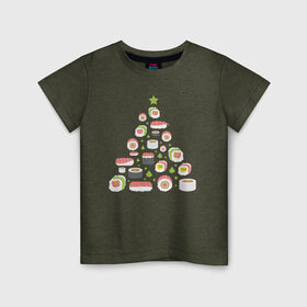 Детская футболка хлопок с принтом Новогодняя елка из суши в Белгороде, 100% хлопок | круглый вырез горловины, полуприлегающий силуэт, длина до линии бедер | christmas | claus | new year | nigiri | santa | stars | sushi | tree | волшебство | дед мороз | дерево | ель | звезда | клаус | настроение | нигири | новогодняя | подарки | рождественская | рождественское | санта | сашими