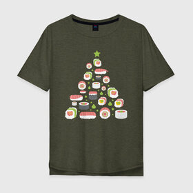 Мужская футболка хлопок Oversize с принтом Новогодняя елка из суши в Белгороде, 100% хлопок | свободный крой, круглый ворот, “спинка” длиннее передней части | christmas | claus | new year | nigiri | santa | stars | sushi | tree | волшебство | дед мороз | дерево | ель | звезда | клаус | настроение | нигири | новогодняя | подарки | рождественская | рождественское | санта | сашими