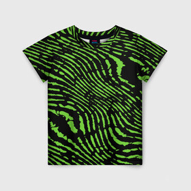 Детская футболка 3D с принтом Зебра в Белгороде, 100% гипоаллергенный полиэфир | прямой крой, круглый вырез горловины, длина до линии бедер, чуть спущенное плечо, ткань немного тянется | Тематика изображения на принте: green | green lines | green neon | green neon lines | green zebra | lines | zebra | в полоску | зебра | зеленая зебра | зелёные полосы | зелёный | зелёный неон | полоски | полосы