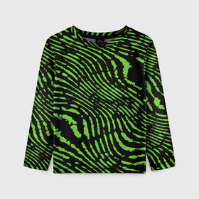 Детский лонгслив 3D с принтом Зебра в Белгороде, 100% полиэстер | длинные рукава, круглый вырез горловины, полуприлегающий силуэт
 | Тематика изображения на принте: green | green lines | green neon | green neon lines | green zebra | lines | zebra | в полоску | зебра | зеленая зебра | зелёные полосы | зелёный | зелёный неон | полоски | полосы
