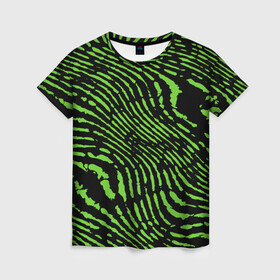 Женская футболка 3D с принтом Зебра в Белгороде, 100% полиэфир ( синтетическое хлопкоподобное полотно) | прямой крой, круглый вырез горловины, длина до линии бедер | green | green lines | green neon | green neon lines | green zebra | lines | zebra | в полоску | зебра | зеленая зебра | зелёные полосы | зелёный | зелёный неон | полоски | полосы