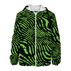 Мужская куртка 3D с принтом Зебра в Белгороде, ткань верха — 100% полиэстер, подклад — флис | прямой крой, подол и капюшон оформлены резинкой с фиксаторами, два кармана без застежек по бокам, один большой потайной карман на груди. Карман на груди застегивается на липучку | green | green lines | green neon | green neon lines | green zebra | lines | zebra | в полоску | зебра | зеленая зебра | зелёные полосы | зелёный | зелёный неон | полоски | полосы