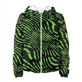 Женская куртка 3D с принтом Зебра в Белгороде, ткань верха — 100% полиэстер, подклад — флис | прямой крой, подол и капюшон оформлены резинкой с фиксаторами, два кармана без застежек по бокам, один большой потайной карман на груди. Карман на груди застегивается на липучку | green | green lines | green neon | green neon lines | green zebra | lines | zebra | в полоску | зебра | зеленая зебра | зелёные полосы | зелёный | зелёный неон | полоски | полосы