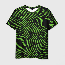 Мужская футболка 3D с принтом Зебра в Белгороде, 100% полиэфир | прямой крой, круглый вырез горловины, длина до линии бедер | Тематика изображения на принте: green | green lines | green neon | green neon lines | green zebra | lines | zebra | в полоску | зебра | зеленая зебра | зелёные полосы | зелёный | зелёный неон | полоски | полосы