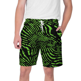 Мужские шорты 3D с принтом Зебра в Белгороде,  полиэстер 100% | прямой крой, два кармана без застежек по бокам. Мягкая трикотажная резинка на поясе, внутри которой широкие завязки. Длина чуть выше колен | green | green lines | green neon | green neon lines | green zebra | lines | zebra | в полоску | зебра | зеленая зебра | зелёные полосы | зелёный | зелёный неон | полоски | полосы