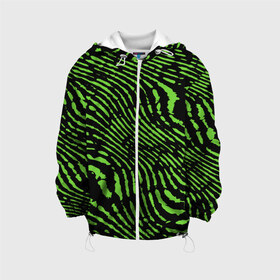 Детская куртка 3D с принтом Зебра в Белгороде, 100% полиэстер | застежка — молния, подол и капюшон оформлены резинкой с фиксаторами, по бокам — два кармана без застежек, один потайной карман на груди, плотность верхнего слоя — 90 г/м2; плотность флисового подклада — 260 г/м2 | green | green lines | green neon | green neon lines | green zebra | lines | zebra | в полоску | зебра | зеленая зебра | зелёные полосы | зелёный | зелёный неон | полоски | полосы