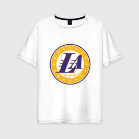 Женская футболка хлопок Oversize с принтом LA Lakers в Белгороде, 100% хлопок | свободный крой, круглый ворот, спущенный рукав, длина до линии бедер
 | 23 | anthony davis | basketball | bryant | game | james | kobe | lebron | los angeles | nba | sport | баскетбол | брайант | бровь | джеймс | калифорния | коби | король | леброн | лейкерс | лос анджелес | нба | спорт | тренер | чемпио
