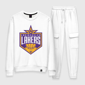 Женский костюм хлопок с принтом Los Angeles Lakers в Белгороде, 100% хлопок | на свитшоте круглая горловина, мягкая резинка по низу. Брюки заужены к низу, на них два вида карманов: два 