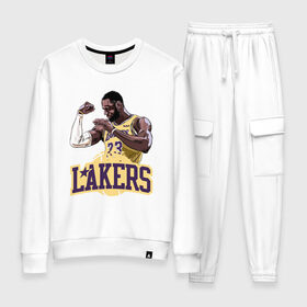 Женский костюм хлопок с принтом LeBron - Lakers в Белгороде, 100% хлопок | на свитшоте круглая горловина, мягкая резинка по низу. Брюки заужены к низу, на них два вида карманов: два 