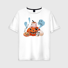 Женская футболка хлопок Oversize с принтом Mishka phantoms and pumpkins в Белгороде, 100% хлопок | свободный крой, круглый ворот, спущенный рукав, длина до линии бедер
 | bear | halloween | hallowen | halowen | helloween | mishka | phantom | phantoms | pumpkin | pumpkins | день всех святых | медведь | медвежонок | мишка | приведение | тыква | тыквы | фантомы | халовен | халовин | хеллуин