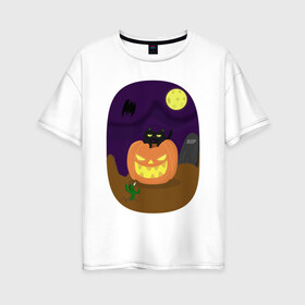 Женская футболка хлопок Oversize с принтом Мяу! Конфеты или жизнь! в Белгороде, 100% хлопок | свободный крой, круглый ворот, спущенный рукав, длина до линии бедер
 | зомби | кот | летучая мышь | луна | могильная плита | праздник | рука | тыква | хэллоуин | черный