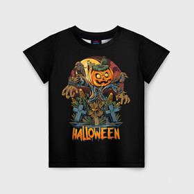 Детская футболка 3D с принтом Хэллоуин в Белгороде, 100% гипоаллергенный полиэфир | прямой крой, круглый вырез горловины, длина до линии бедер, чуть спущенное плечо, ткань немного тянется | Тематика изображения на принте: diy | ghost | halloween | horror | makeup | scary | skull clown | trick or treat | вампир | ведьма | кошка | луна | магия | ночь | тыква | хэллоуин