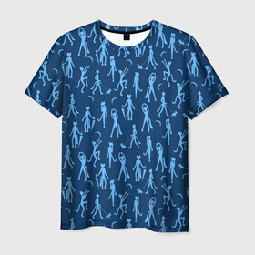 Мужская футболка 3D с принтом КОТИКИ НА ПРОГУЛКЕ ПАТТЕРН в Белгороде, 100% полиэфир | прямой крой, круглый вырез горловины, длина до линии бедер | cats | бесшовный паттерн | котики | коты | кошки | силуэт | синий