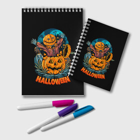 Блокнот с принтом Happy Halloween в Белгороде, 100% бумага | 48 листов, плотность листов — 60 г/м2, плотность картонной обложки — 250 г/м2. Листы скреплены удобной пружинной спиралью. Цвет линий — светло-серый
 | Тематика изображения на принте: diy | ghost | halloween | horror | makeup | scary | skull clown | trick or treat | вампир | ведьма | кошка | луна | магия | ночь | тыква | хэллоуин