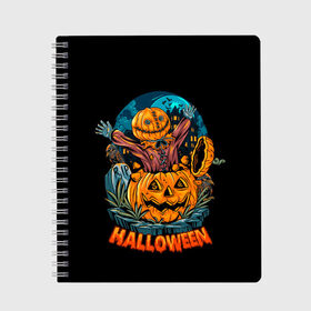 Тетрадь с принтом Happy Halloween в Белгороде, 100% бумага | 48 листов, плотность листов — 60 г/м2, плотность картонной обложки — 250 г/м2. Листы скреплены сбоку удобной пружинной спиралью. Уголки страниц и обложки скругленные. Цвет линий — светло-серый
 | Тематика изображения на принте: diy | ghost | halloween | horror | makeup | scary | skull clown | trick or treat | вампир | ведьма | кошка | луна | магия | ночь | тыква | хэллоуин