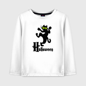 Детский лонгслив хлопок с принтом Хэллоуин - Черный кот в Белгороде, 100% хлопок | круглый вырез горловины, полуприлегающий силуэт, длина до линии бедер | cat | halloween | кот | котик | кошки | хэллоуин | черный кот
