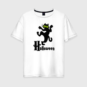 Женская футболка хлопок Oversize с принтом Хэллоуин - Черный кот в Белгороде, 100% хлопок | свободный крой, круглый ворот, спущенный рукав, длина до линии бедер
 | cat | halloween | кот | котик | кошки | хэллоуин | черный кот