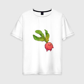 Женская футболка хлопок Oversize с принтом Милая редиска в Белгороде, 100% хлопок | свободный крой, круглый ворот, спущенный рукав, длина до линии бедер
 | Тематика изображения на принте: арт | мило | милый | овощ | редис | редиска | рисунок | свежий овощ | свежий продукт