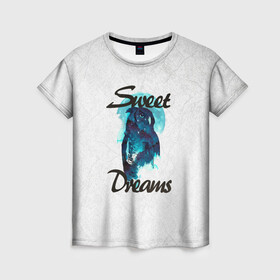 Женская футболка 3D с принтом Сова в Белгороде, 100% полиэфир ( синтетическое хлопкоподобное полотно) | прямой крой, круглый вырез горловины, длина до линии бедер | Тематика изображения на принте: sweet dreams | звезды | луна | ночная жизнь | ночь | сновидения | сны | сова | сон | спокойной ночи
