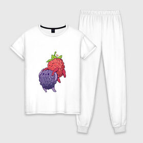 Женская пижама хлопок с принтом Смородинки в Белгороде, 100% хлопок | брюки и футболка прямого кроя, без карманов, на брюках мягкая резинка на поясе и по низу штанин | арт | красная смородина | мило | милота | рисунок | свежая ягода | свежие ягоды | свежий продукт | смородина | чёрная смородина | ягода | ягоды
